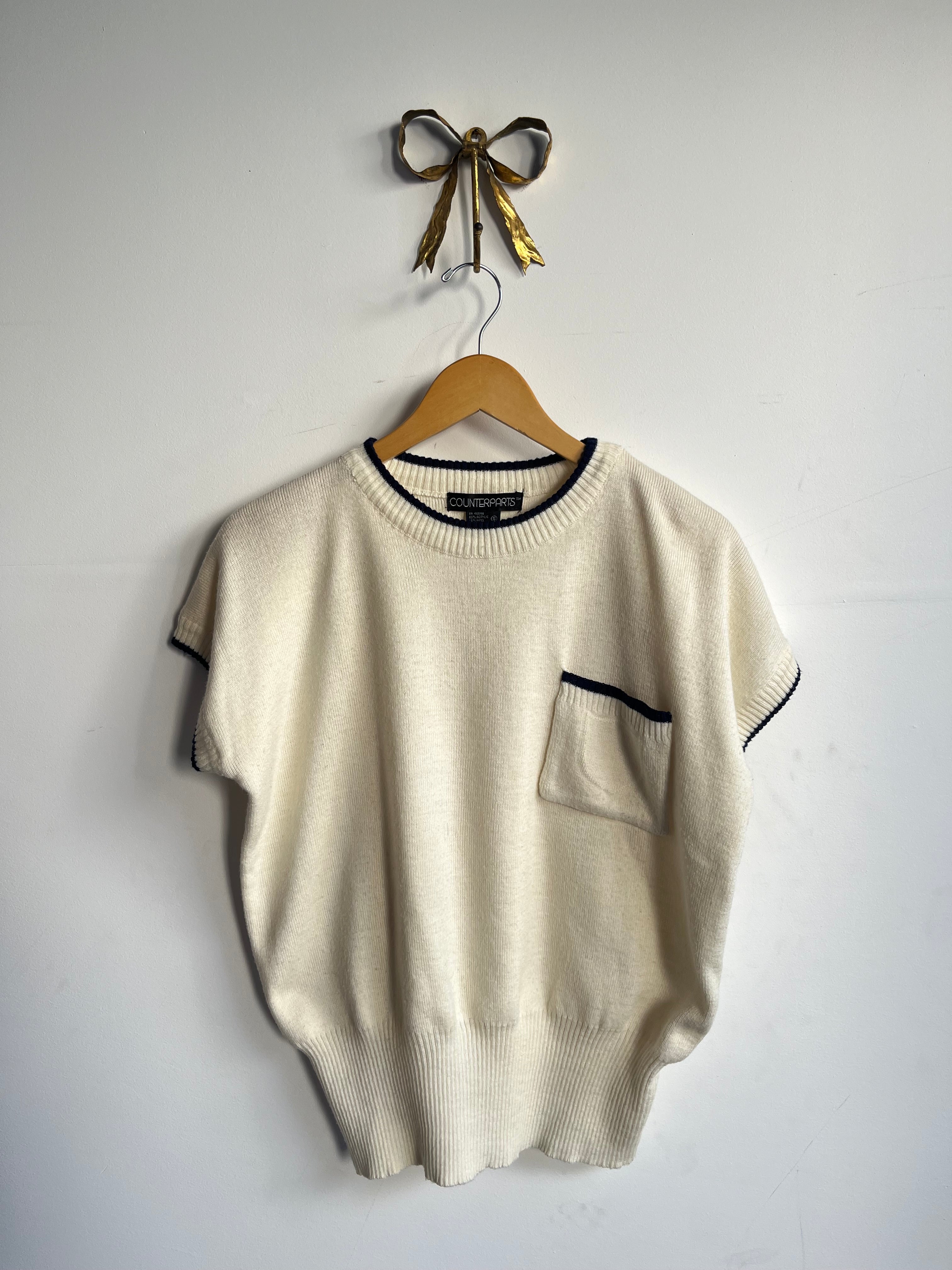 Navy Tipped Short Sleeve Sweater