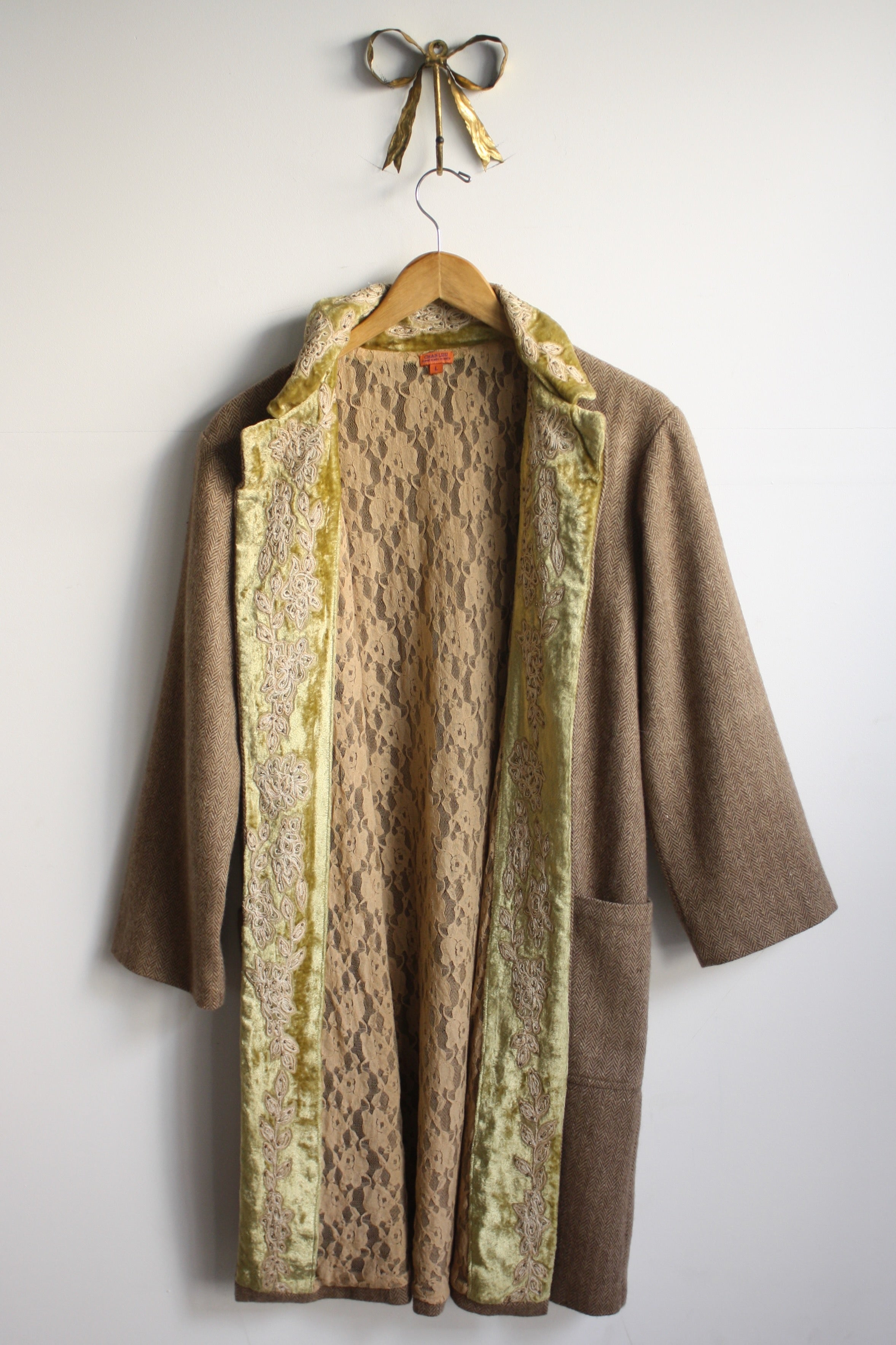 Herringbone & Velvet Open Coat