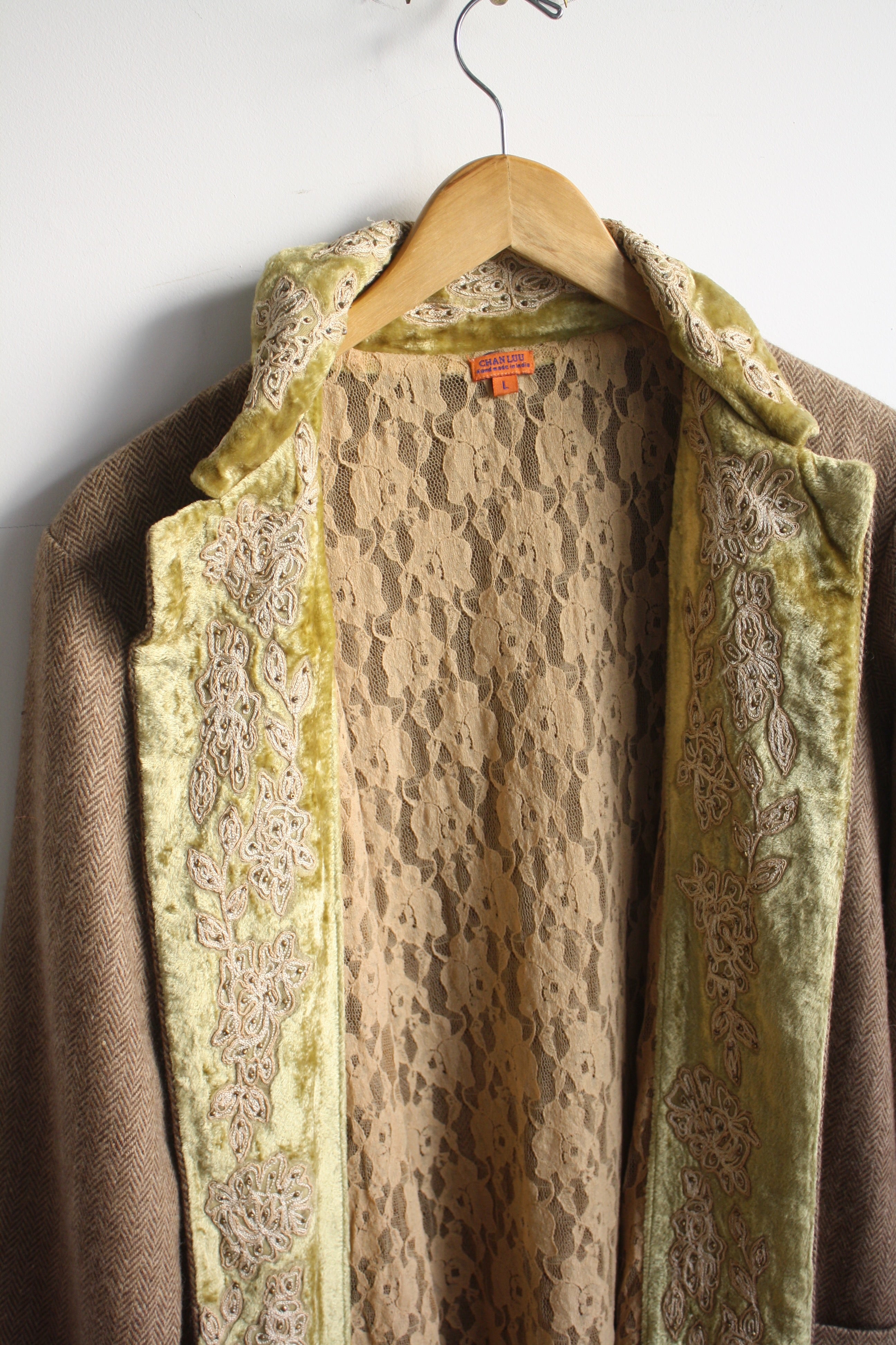 Herringbone & Velvet Open Coat