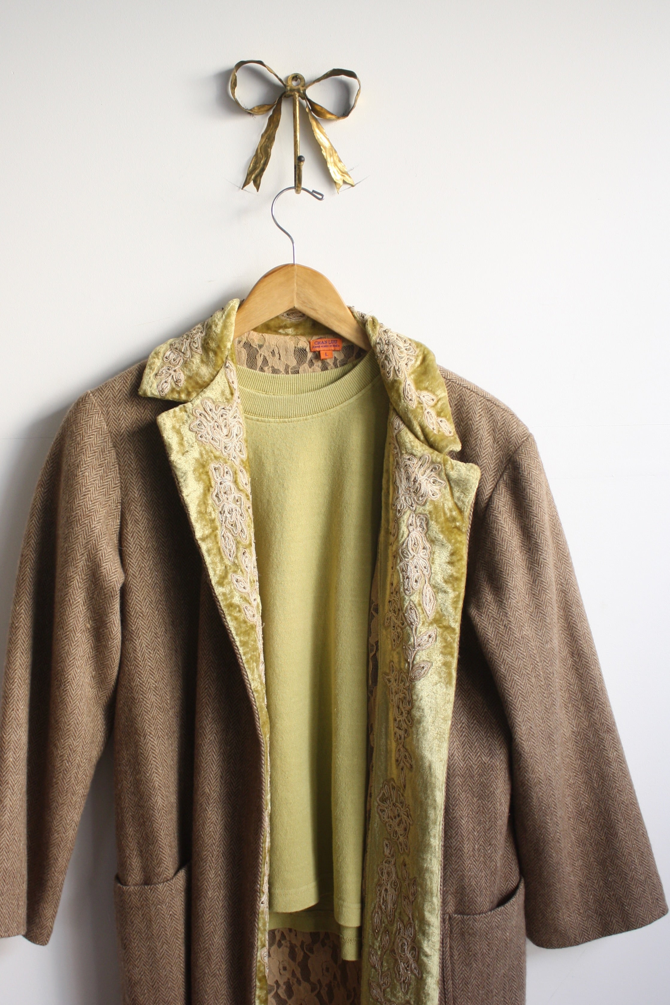 Herringbone & Velvet Open Coat