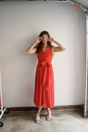 red midi polka dot dress The Polka Dot Ruffle Wrap Dress - Red Women's Casual Wrap Dress, Stylish- Red - Dresses