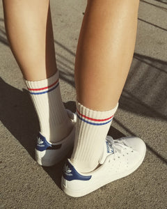Le Bon Shoppe boyfriend socks in Milk. Brand photo on model.